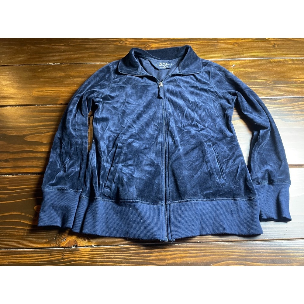 N.Y.L. New York Laundry Sweater Women's Size M Navy Blue Velvet Full Zip Pockets